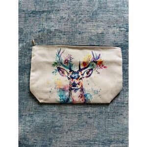 Colorful Watercolor Buck Cotton Canvas Small Makeup Bag Travel Toiletry Pouch